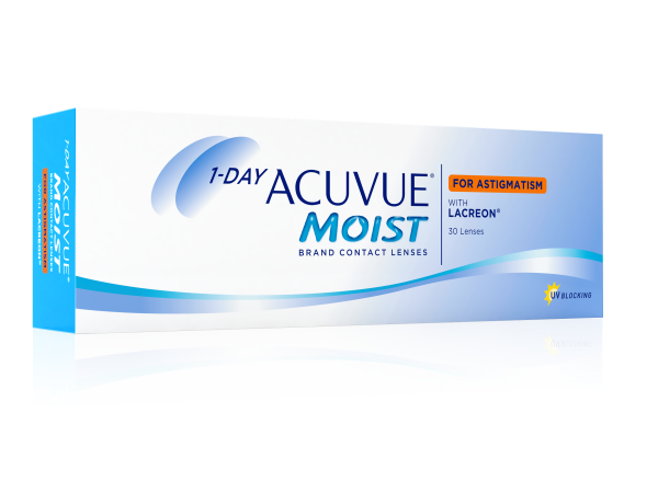עדשות מגע יומיות ACUVUE MOIST 1-Day לאסטיגמציה, אריזה של 30 יחידות, בעיצוב כתום-כחול.