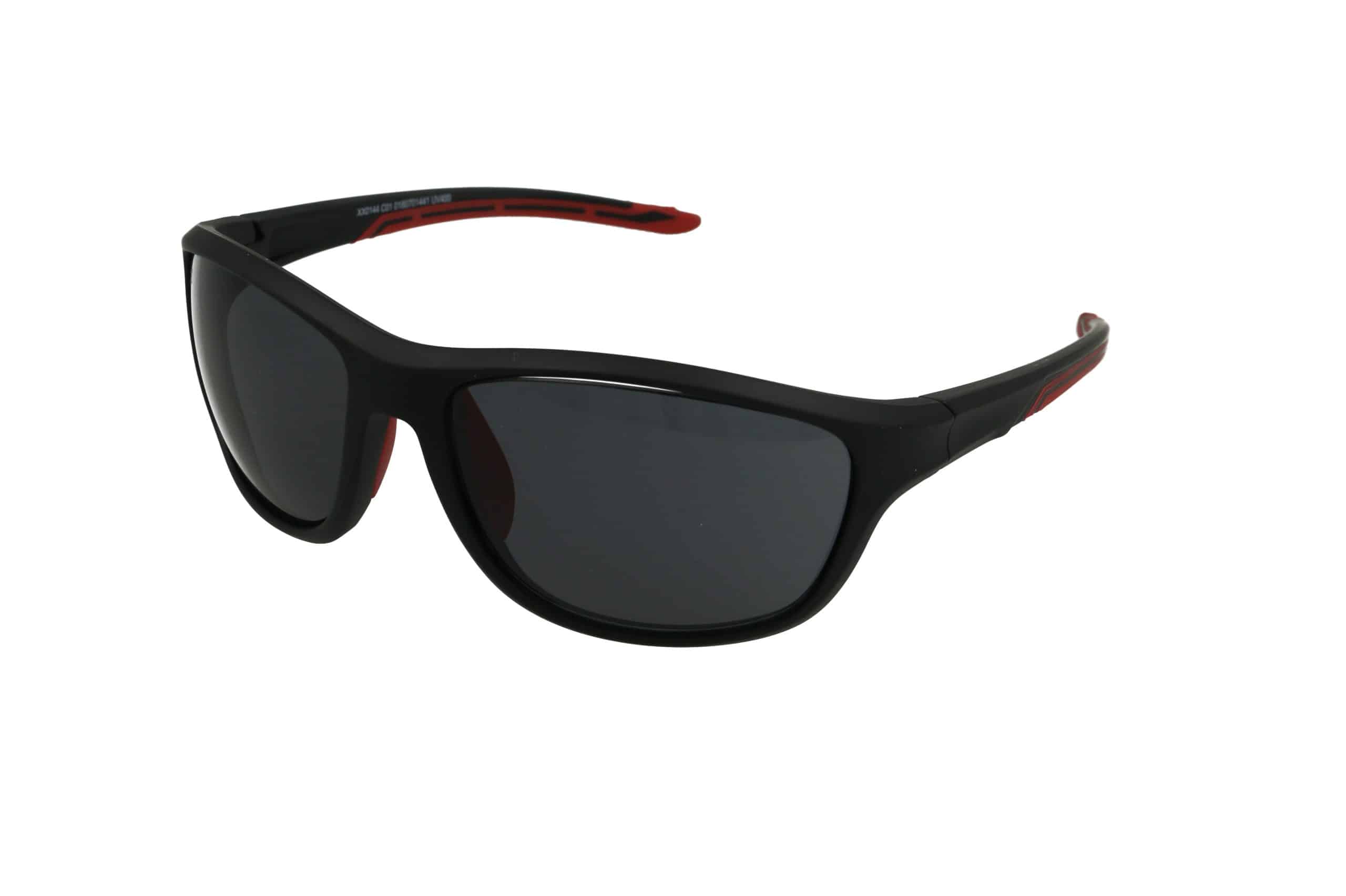 משקפי שמש ספורט - פלסטיק מלבניים (1441), עדשות כהות ודגשים אדומים בידיות, מוצגים על רקע לבן.