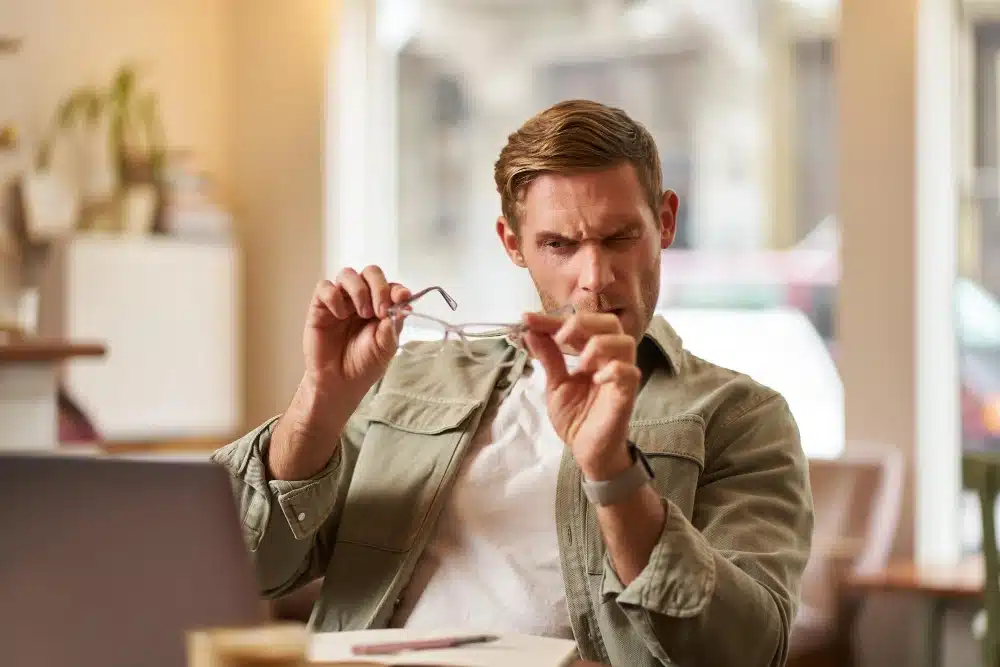 גבר מודאג מהחמרת הראייה או החלפת משקפיים