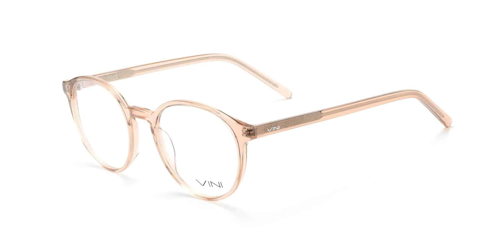 משקפיים עגולים שקופים עם מסגרת פלסטיק עגולים בצבע חום בהיר על רקע לבן.