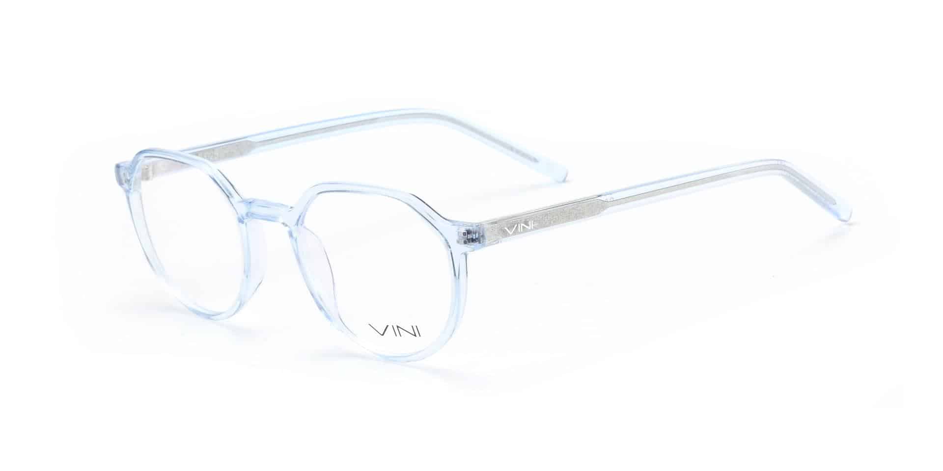 משקפי ראייה שקופים, מתומנים, עם מסגרת בצבע תכלת שקוף וזרועות דקות, מוצגים על רקע לבן.