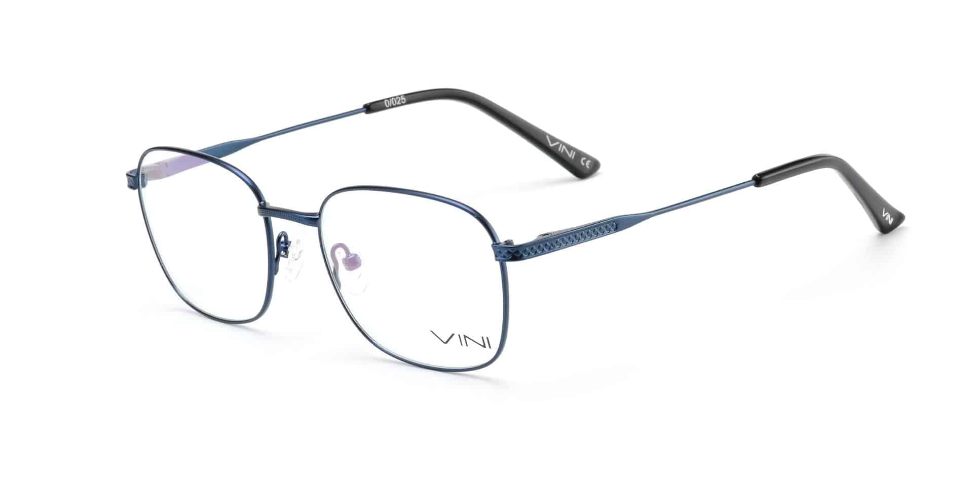 משקפי ראייה מרובעים ממתכת כחולה עם מסגרות דקות, עדשות שקופות וקצות זרועות שחורות, מוצגים על רקע לבן.