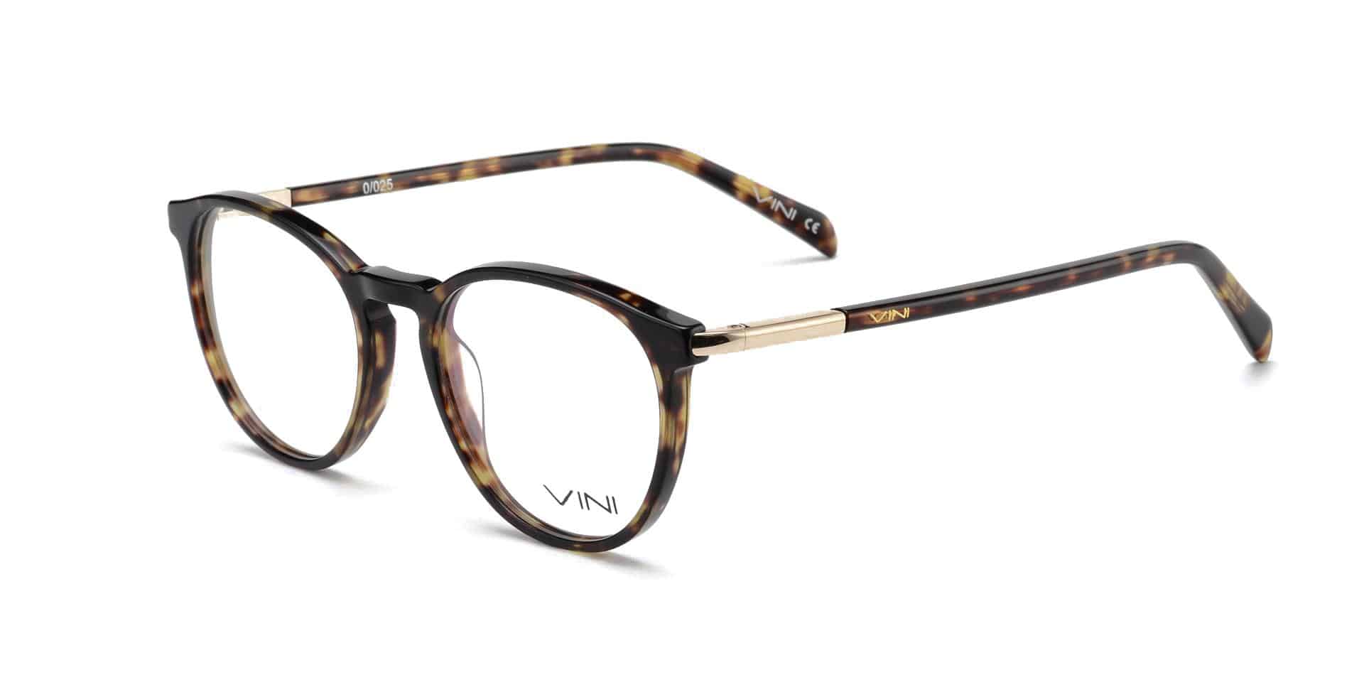 משקפי ראייה פלסטיק עגולים בצבע חום עם גשר זהב ולוגו VINI על העדשה השמאלית והזרוע.