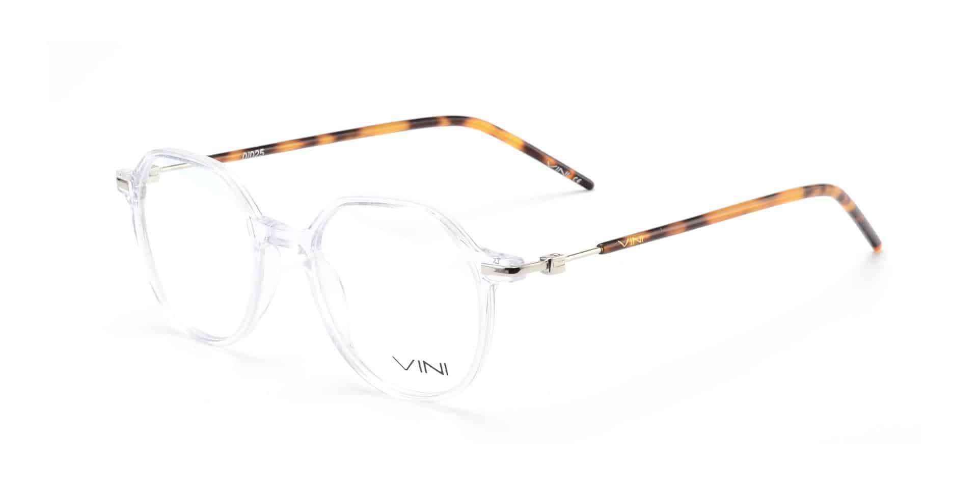 משקפי ראייה עגולים שקופים עם מסגרת פלסטיק שקופה וזרועות בדוגמת צדף על רקע לבן.