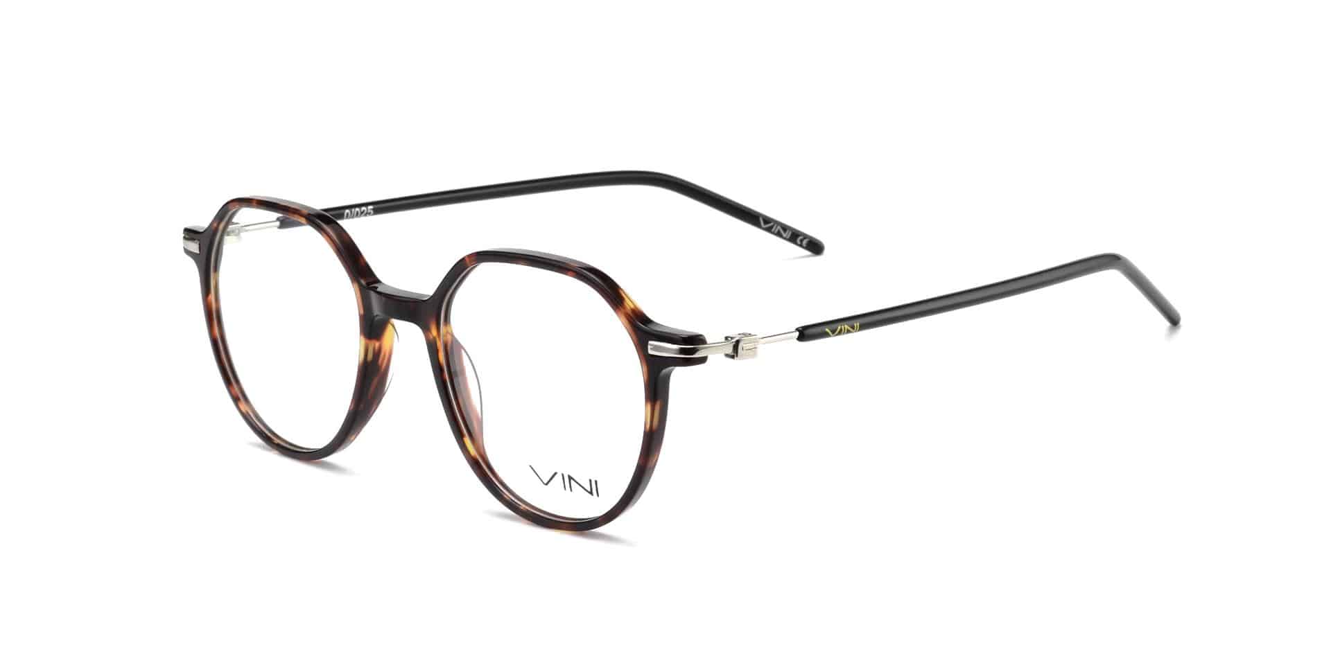 משקפי ראייה עגולים מפלסטיק בעיצוב צבאי מנומר עם זרועות שחורות, נגיעות כסף ולוגו VINI.