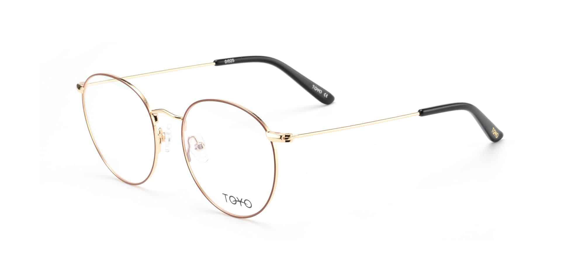 משקפיים עגולים עם מסגרת מתכת זהובה, מסגרת דקה וקצות זרועות שחורים, מוצגים על רקע לבן.