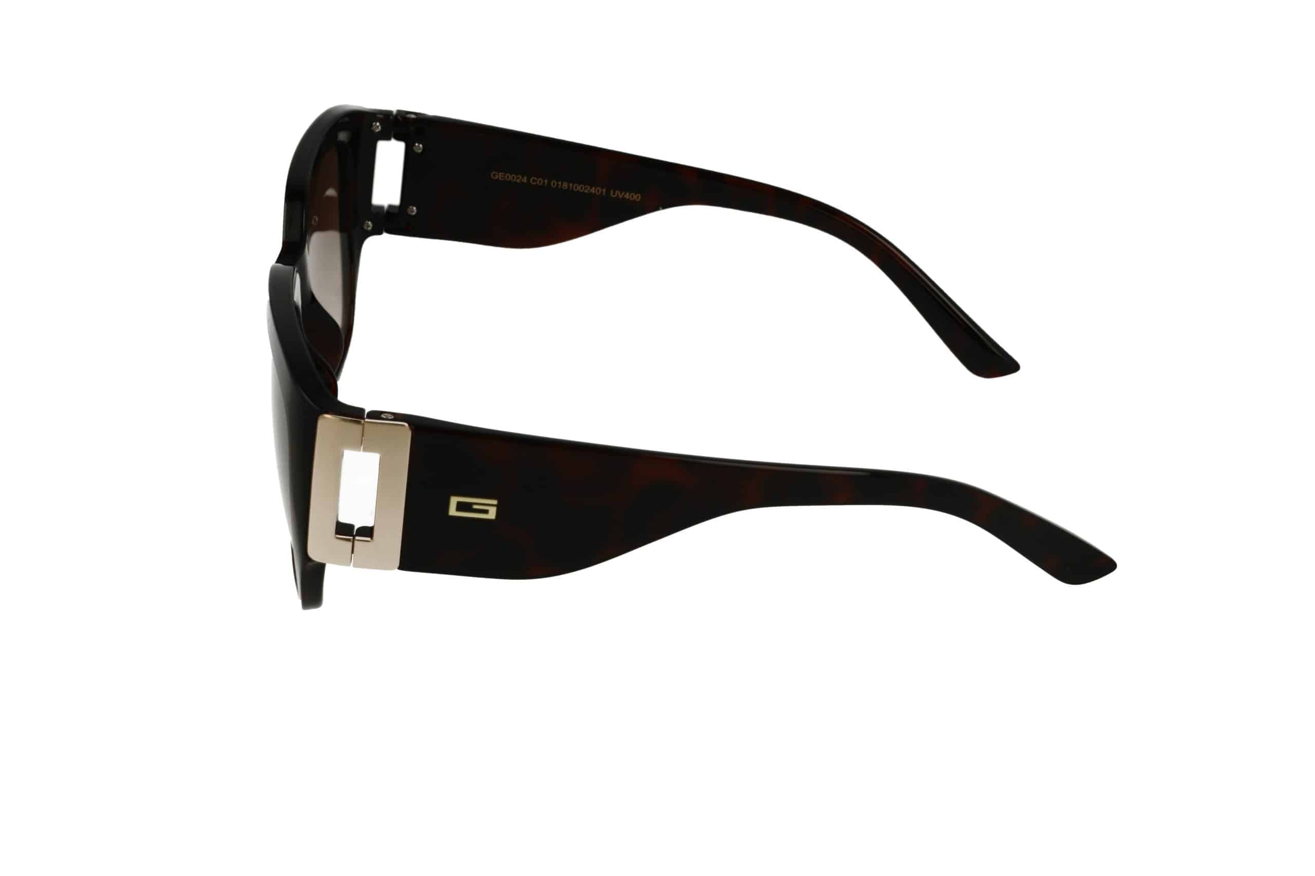 מבט צדדי של משקפי שמש - פלסטיק אובלי (2401) בצבע צבאי כהה עם זרועות עבות ולוגו G מוזהב.