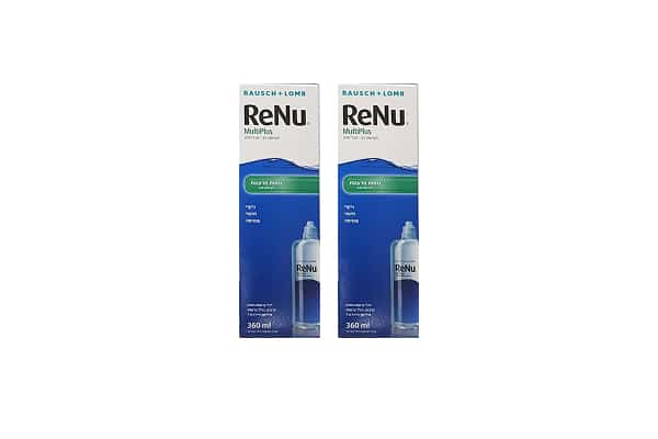 שלוש בקבוקים של רניו RENU תמיסה לעדשות מגע, מארז 3 יחידות, על רקע לבן.