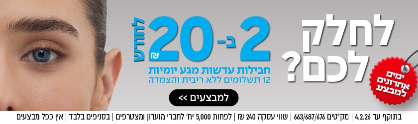 תקריב של עין כחולה של אישה, טקסט בעברית על מבצע משקפיים ומבצעים חודשיים על עדשות מגע על רקע לבן.