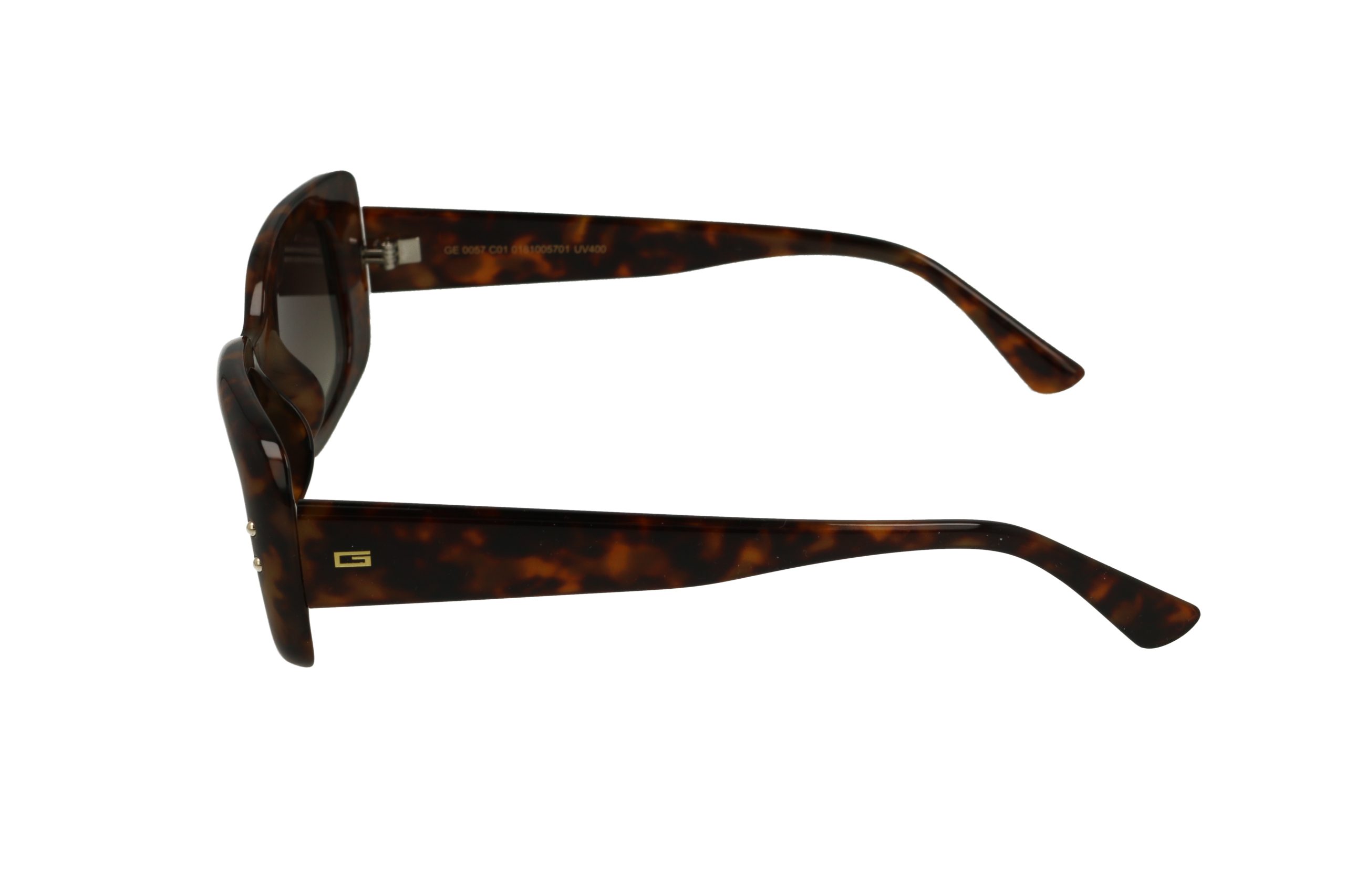 משקפי שמש בצבע צבאי עם זרועות עבות, פרטים מוזהבים ועדשות כהות, מוצגים מהצד על רקע לבן.