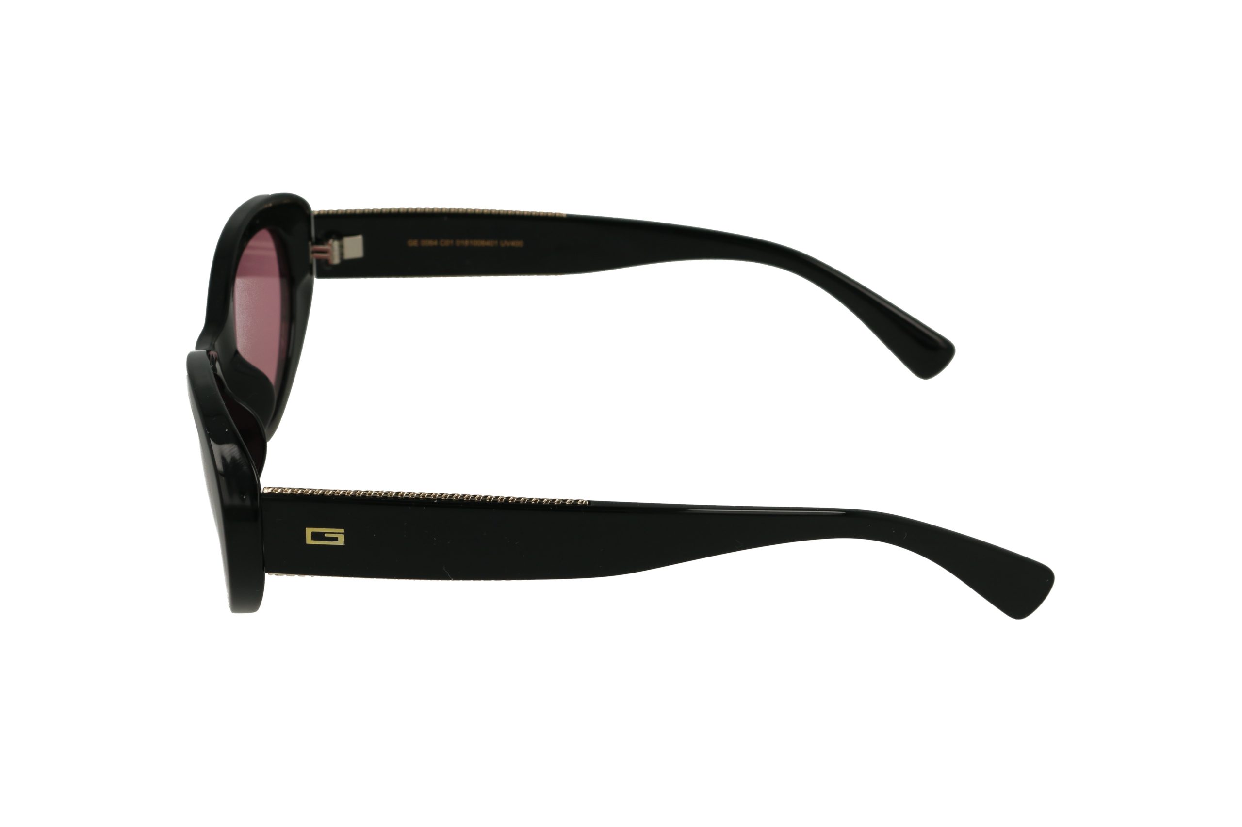 משקפי שמש שחורים עם זרועות עבות ולוגו G מוזהב, מוצגים מהצד על רקע לבן.