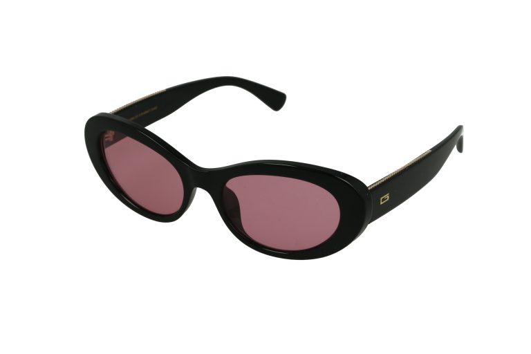 משקפי שמש שחורים סגלגלים עם עדשות בגוון ורוד, מוצגים על רקע לבן.