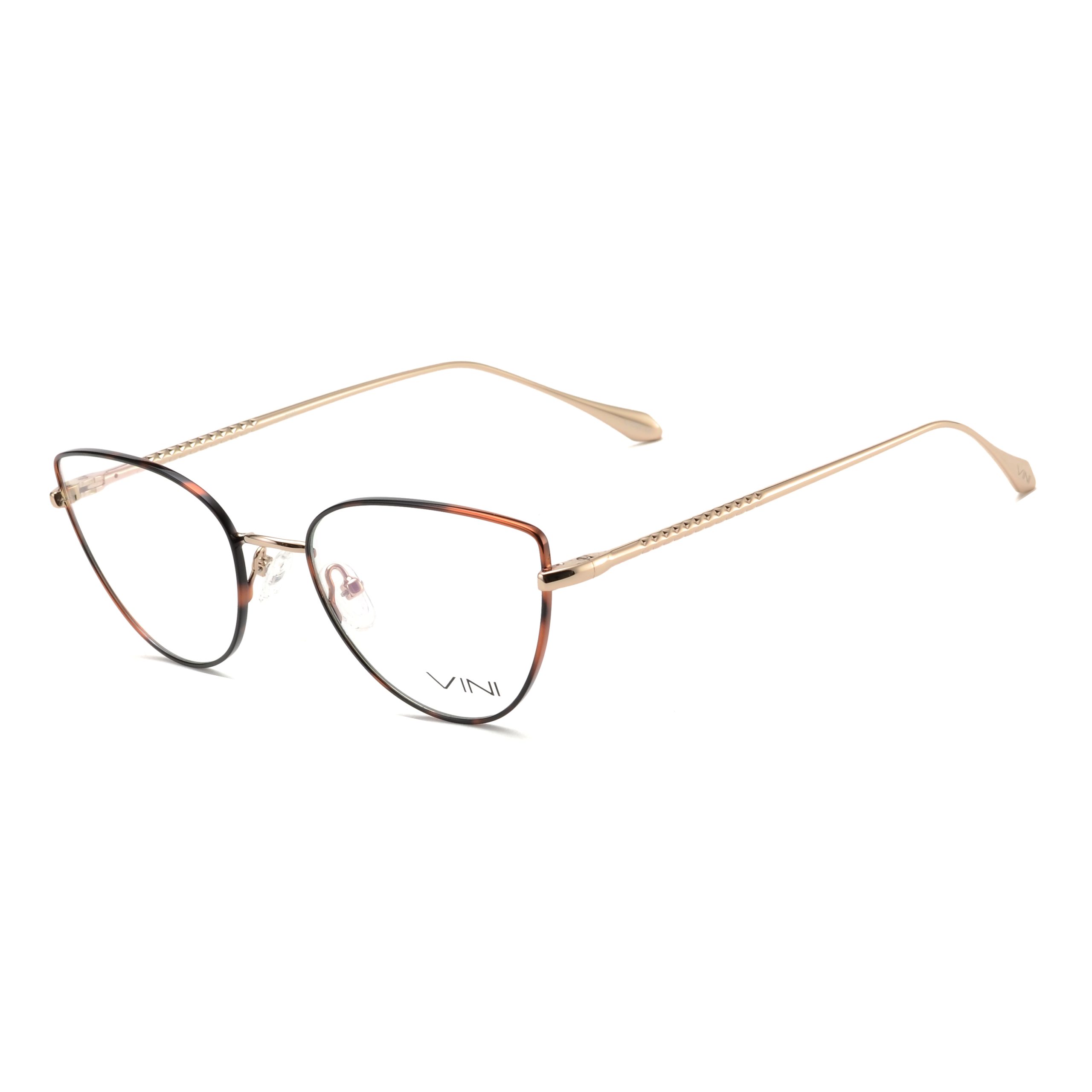 משקפי ראייה - מתכת חתוליים (0345): עיצוב Cat-eye, ידיות זהב דקות, כריות אף שקופות וגווני חום עדינים במסגרת.