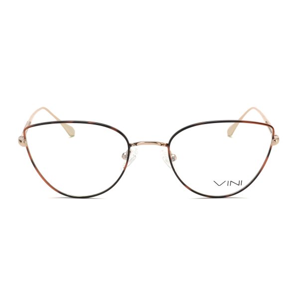 משקפי ראייה חתוליים עם מסגרת מתכת דקה בזהב ושחור, עדשות שקופות ומותג VINI על העדשה הימנית.