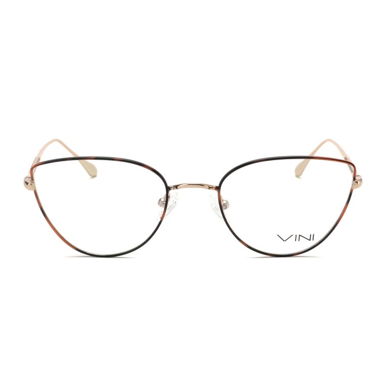 משקפי ראייה חתוליים עם מסגרת מתכת דקה בזהב ושחור, עדשות שקופות ומותג VINI על העדשה הימנית.