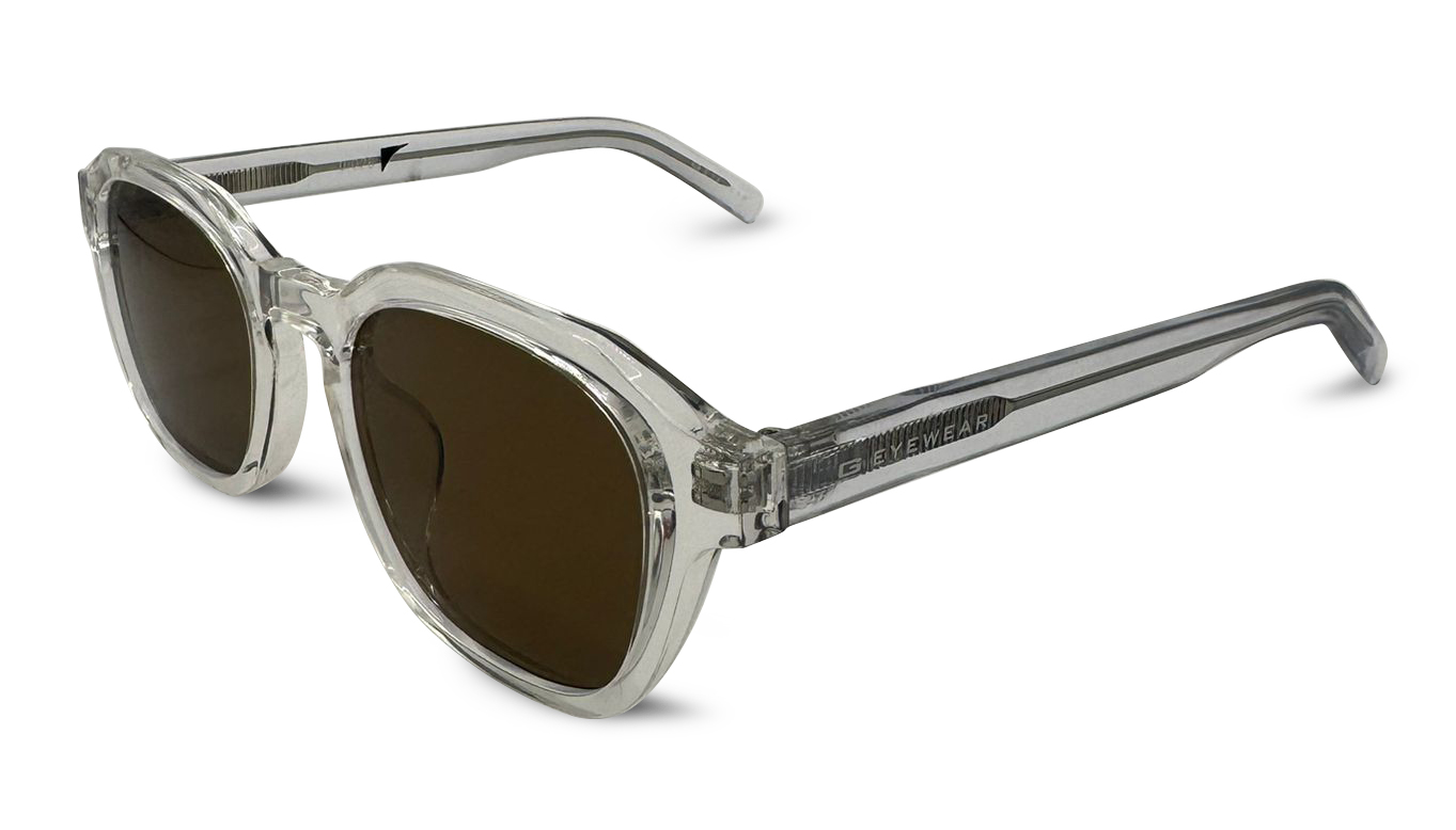 משקפי שמש - פלסטיק עגולים (0512) עם מסגרת שקופה ועדשות כהות, מוצגים בזווית על רקע לבן.