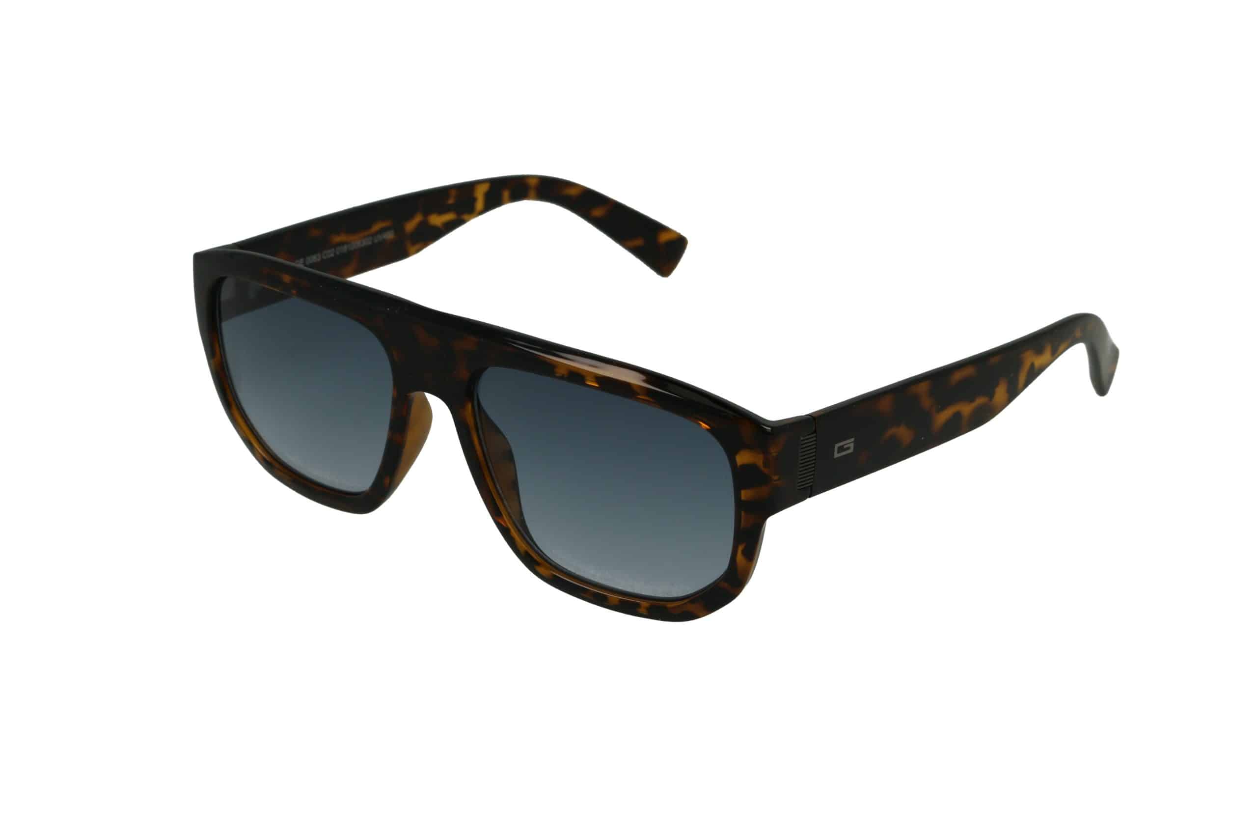 משקפי שמש בצבע צב עם מסגרת מלבנית ועדשות כהות עם מעבר צבעים על רקע לבן.