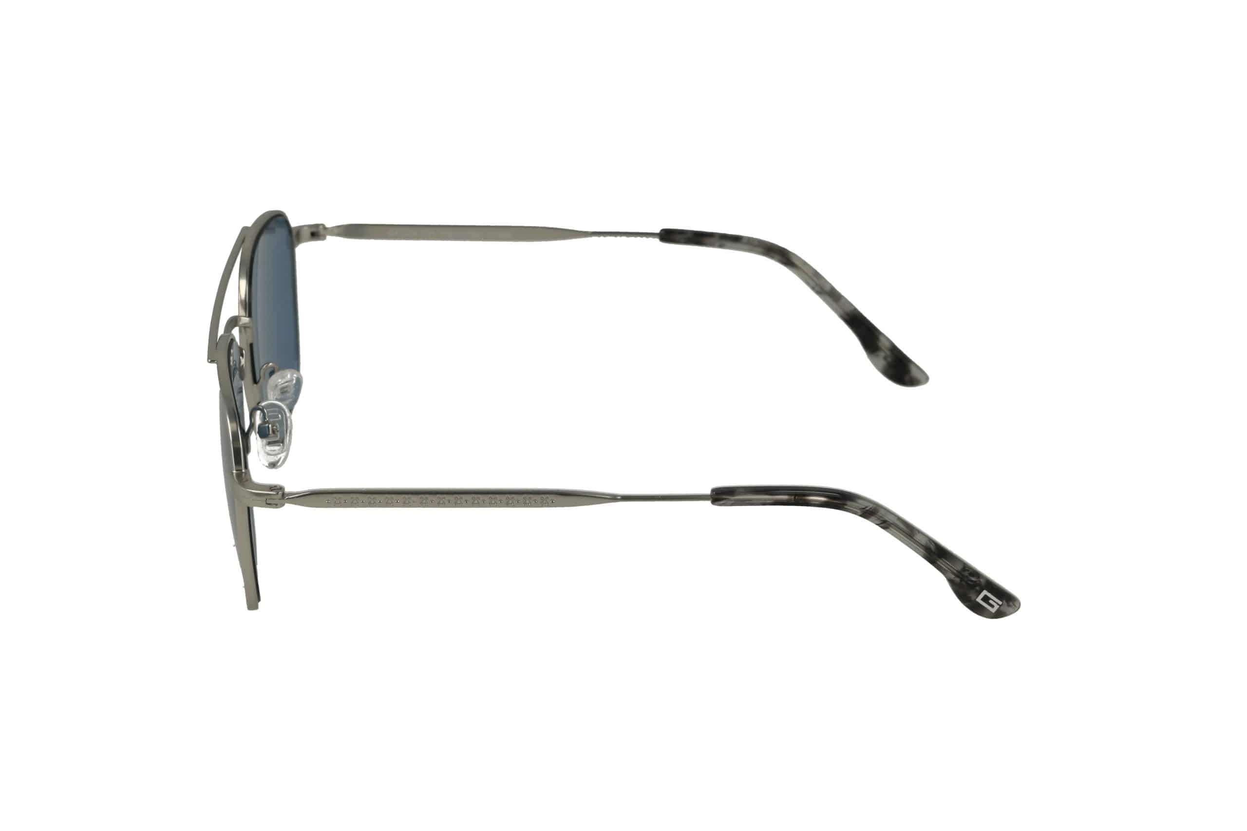 מבט צדדי על משקפי שמש עם מסגרת מתכת וקצות זרועות בדוגמת צב אפור ושחור, על רקע לבן.