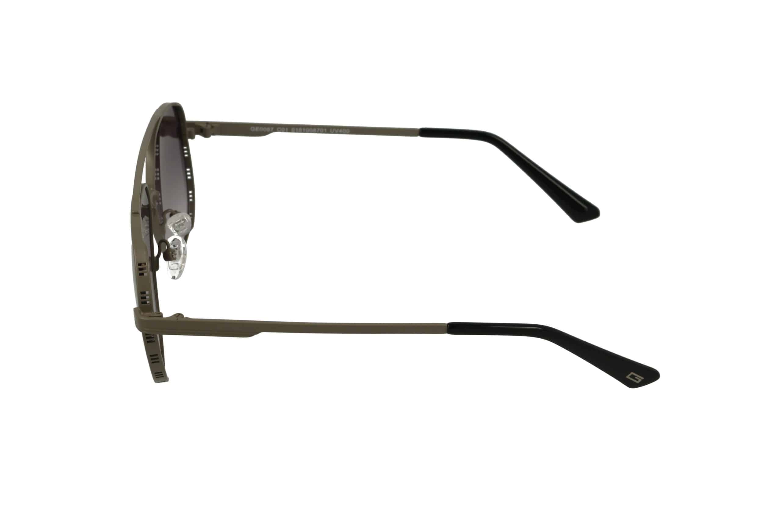 מבט צדדי על מסגרת משקפיים ממתכת בצבע בז' עם קצות פלסטיק שחורים על הזרועות, על רקע לבן.