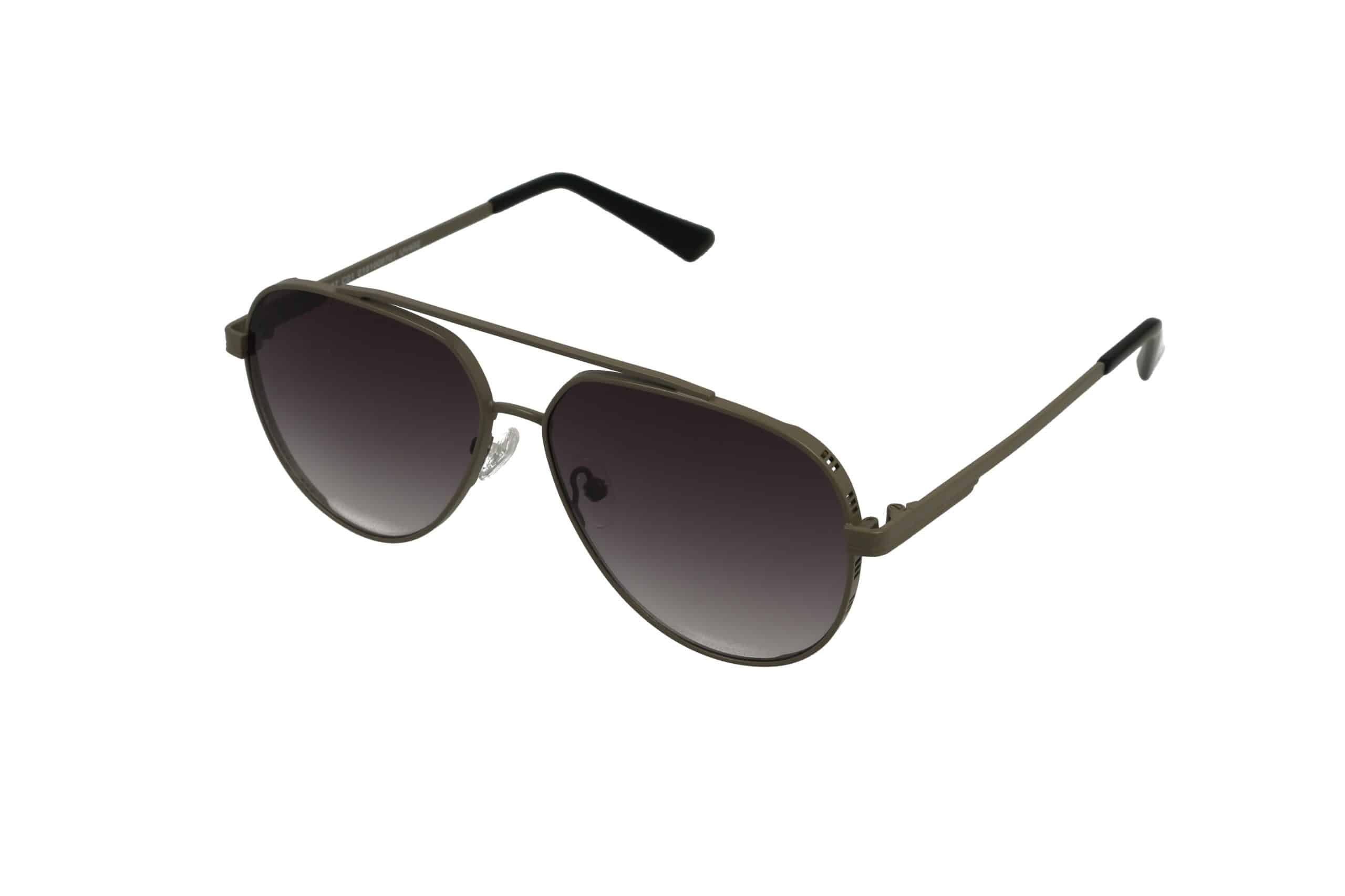 משקפי שמש בסגנון טייס עם עדשות כהות ומסגרת מתכת דקה על רקע לבן.