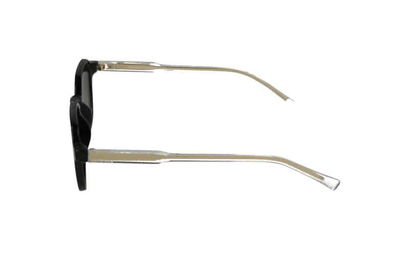 מבט צדדי על משקפיים עם מסגרת שחורה וזרועות שקופות, המוצגים על רקע לבן.