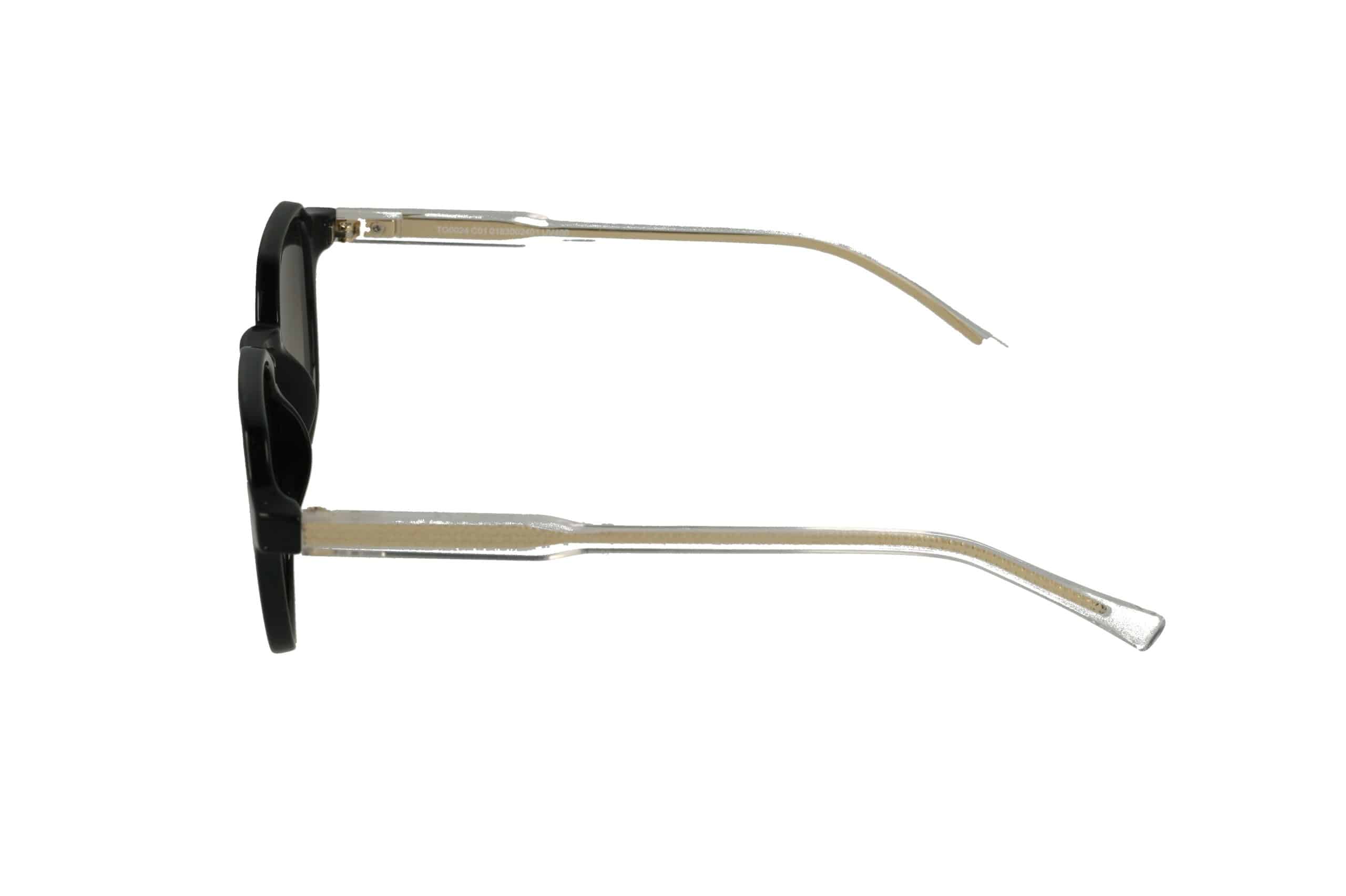 מבט צדדי על משקפיים עם מסגרת שחורה וזרועות שקופות, המוצגים על רקע לבן.