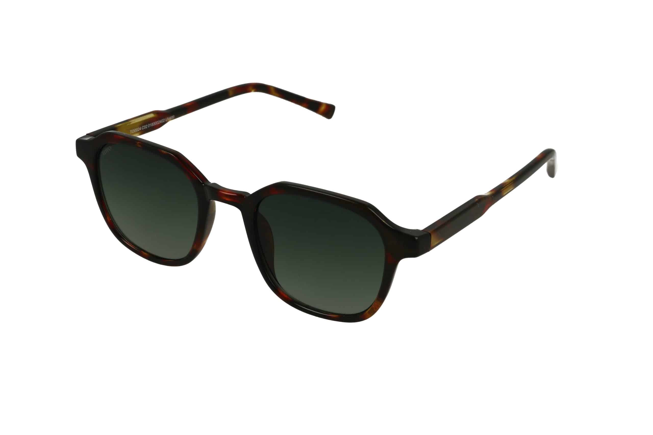 משקפי שמש בצבע צב עם עדשות כהות ומסגרת מעט זוויתית על רקע לבן.