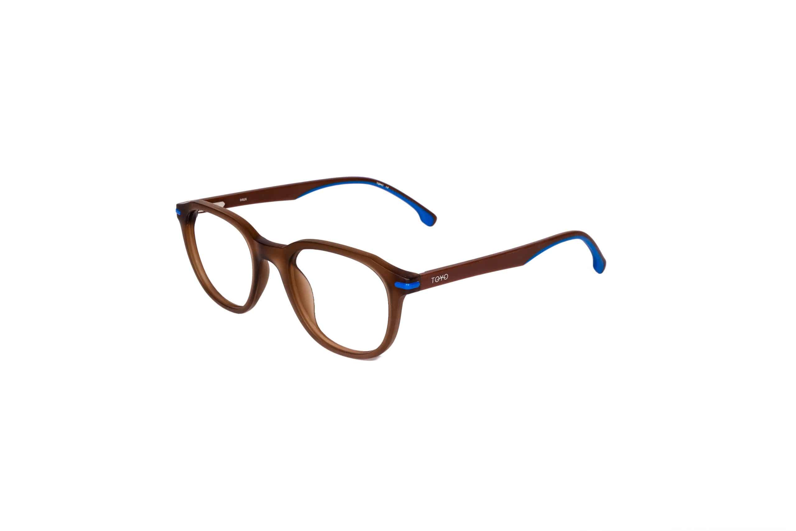 משקפיים עגולים בצבע חום עם נגיעות כחולות על הזרועות הפנימיות, מוצגים על רקע לבן.