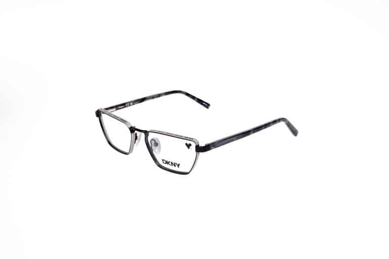 משקפי ראייה מלבניים של DKNY בצבעי שחור ואפור עם עדשות שקופות על רקע לבן.
