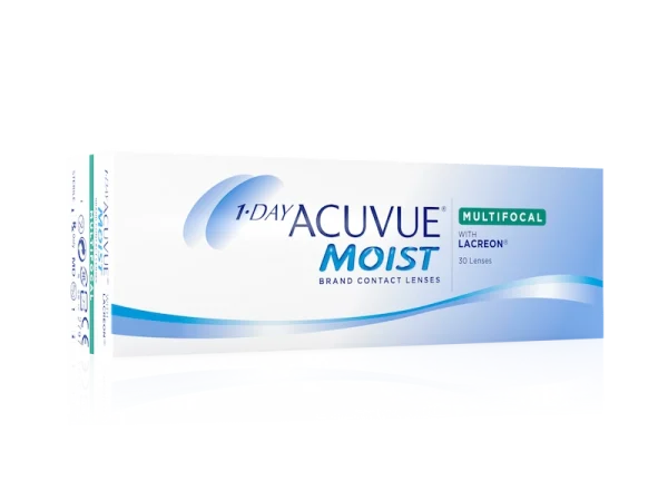 קופסה של עדשות מגע יומיות - 1-DAY ACUVUE MOIST MULTIFOCAL, 30 עדשות באריזה לבנה וכחולה.
