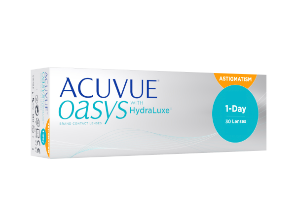 ACUVUE® OASYS 1-Day לאסטיגמציה, 30 עדשות, באריזה לבנה עם נגיעות של כחול וכתום.