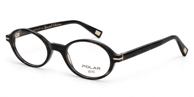משקפיים שחורים ועגולים עם הכיתוב “POLAR gold” ו-“Special Edition” על המסגרת, המוצגים על רקע לבן.