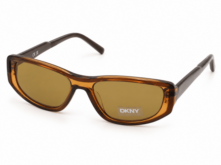 משקפי שמש חומים של DKNY עם מסגרת מלבנית ועדשות כהות על רקע לבן.